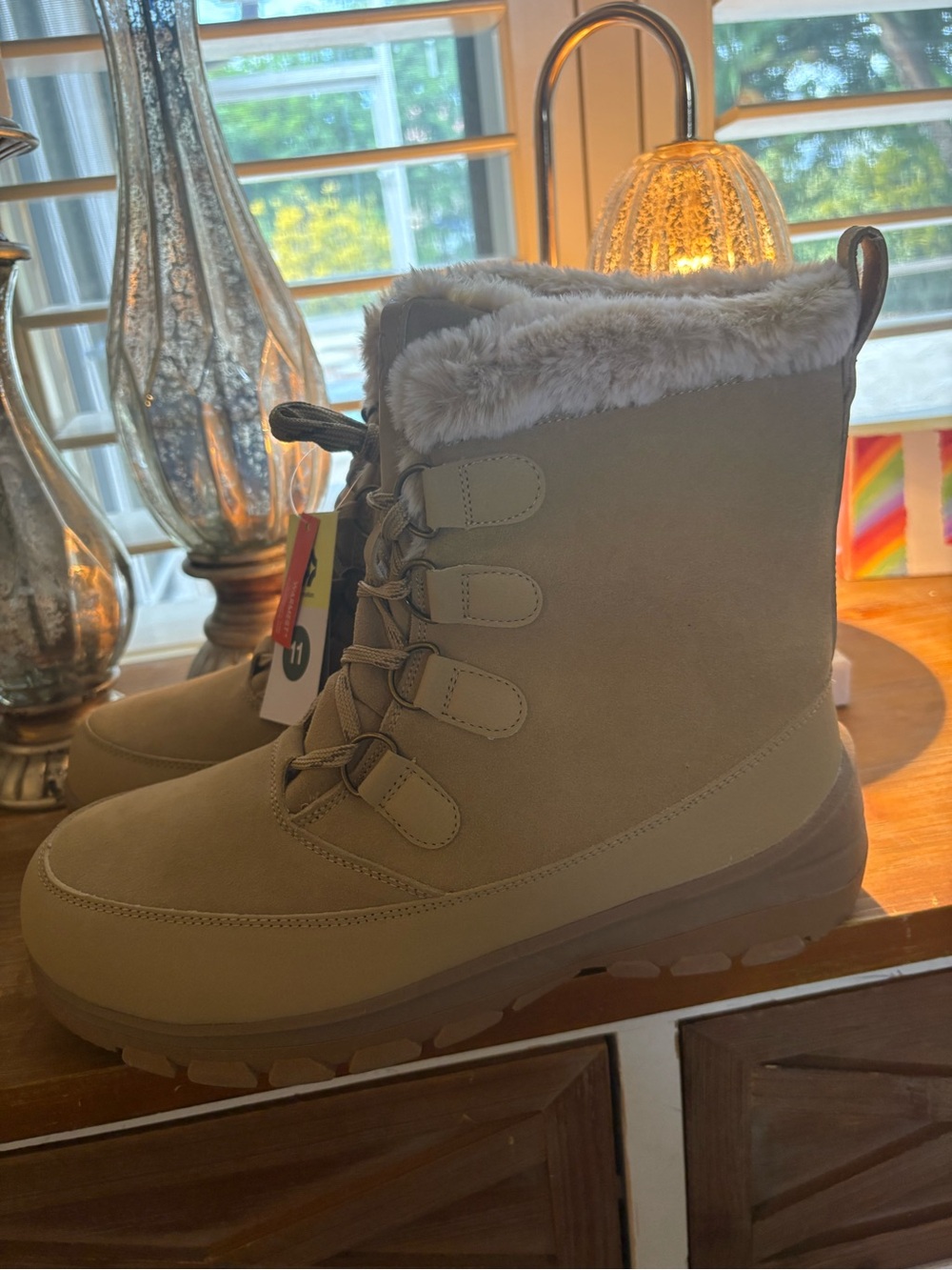 Size 11 - all in motion - Tan Faux-Fur Lace-Up Winter Boots NIB